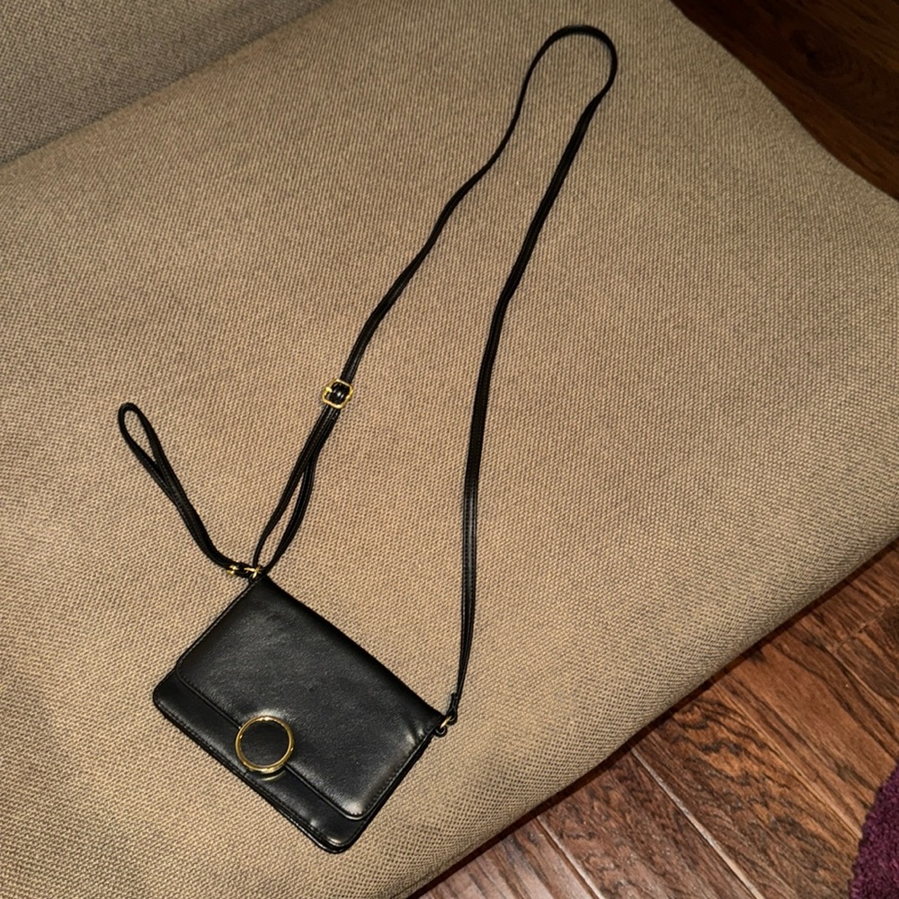 Black soft leather feel clutch gold metal adjustable strap cross body purse 7x5”